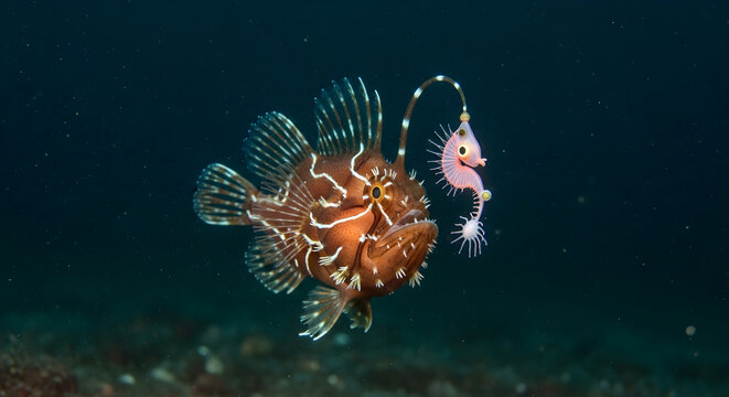 Rare frogfish swimming in the deep dark ocean water