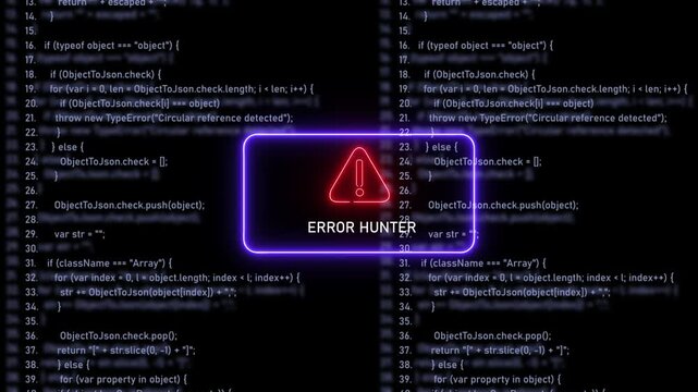Cybersecurity error hunter alert concept featuring glowing neon warning sign over scrolling javascript programming code background, for software development, debugging, and digital technology