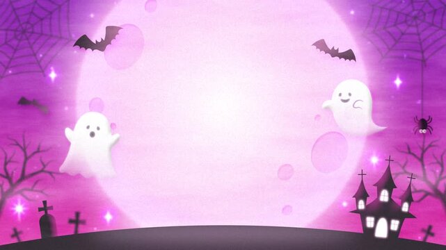 cute halloween night background with ghosts, pink moon, haunted house and bats animation