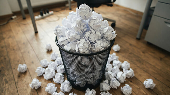 High angle shot classic metal wire mesh office trash bin overflowing multiple white crumpled paper balls wooden floor background corporate deadline failure mistake bad basket commercial