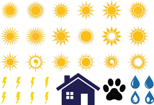 Weather icons set with sun lightning house paw and water drops