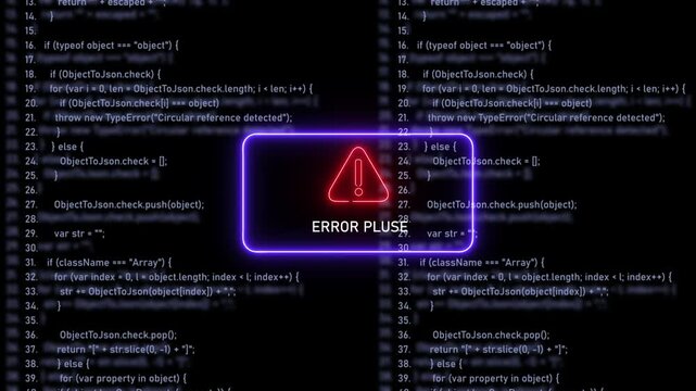 Dynamic digital warning sign featuring a glowing neon red exclamation point error surrounded by a pulsing purple frame overlaid on scrolling javascript programming code for software development