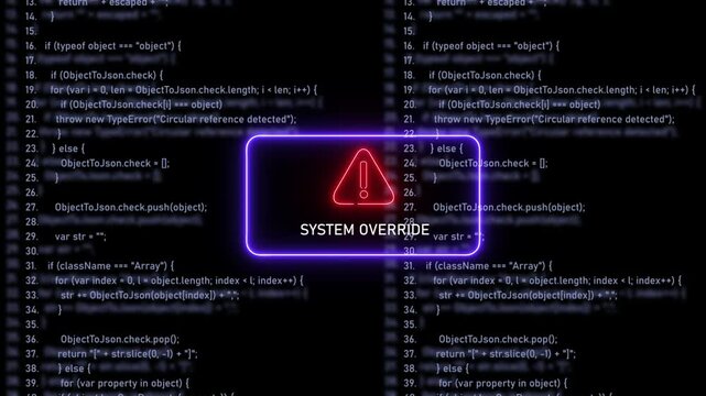 System override warning alert displaying over scrolling javascript programming code background, featuring neon red, hazard and glowing, purple frame for, cyber security and, software development 