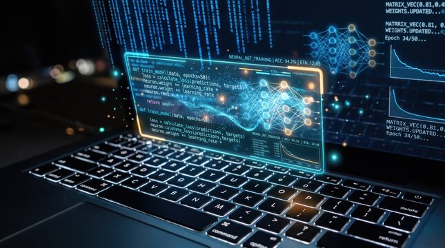 Businessman analyzing performance and growth dashboard on futuristic holographic screen, financial data visualization with rising charts and graphs, corporate strategy planning