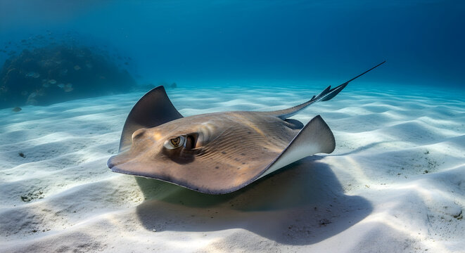 Stingray swimming over the sandy ocean floor in clear water