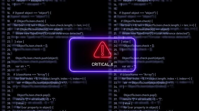 Cybersecurity alert system displaying critical x error warning message over abstract blurred software programming code background, for digital technology, network security, and, data breach concept