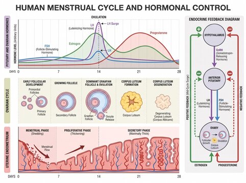 Human menstrual cycle and hormonal control medical infographic