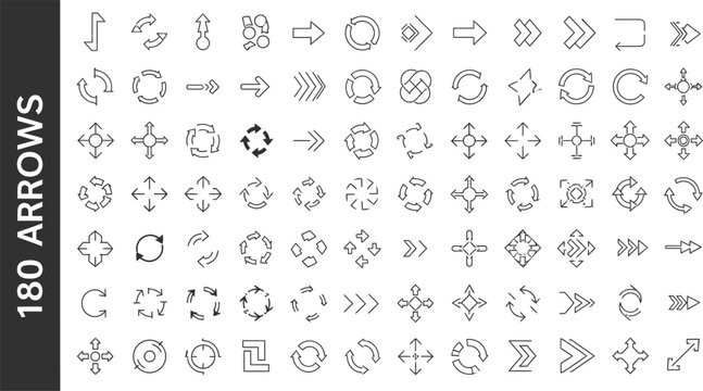 Set of black and white outline arrows icons and directional symbols