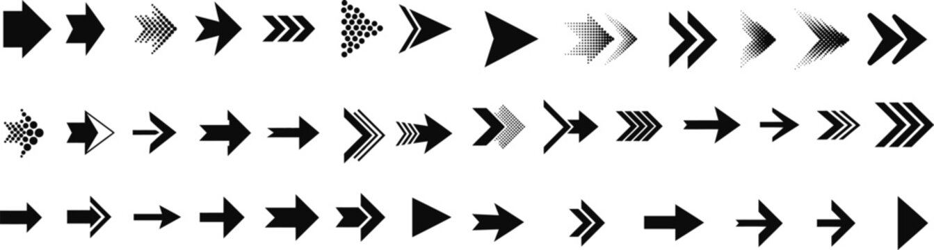 Set of various black directional arrows pointing right vector illustration