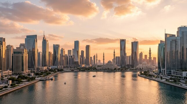 Panoramic view of a bustling metropolis skyline featuring towering skyscrapers reflecting warm sunset light over a serene waterfront canal filled with gentle ripples during early evening hours