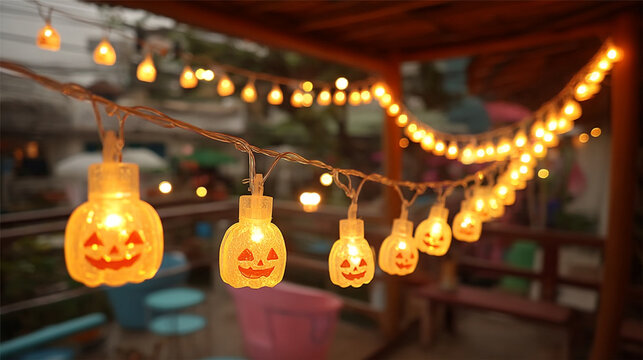 Halloween pumpkin string lights glowing outdoors on a porch or patio during evening party