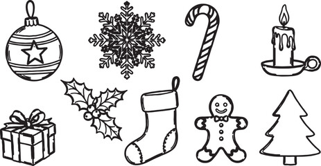 Naklejka premium Collection of hand-drawn christmas holiday icons and symbols in black and white line art style featuring ornaments snowflake candy cane candle gift holly stocking gingerbread man, christmas