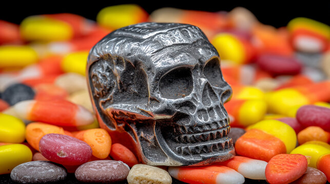 Detailed metallic skull sculpture resting on a pile of colorful halloween candy corns