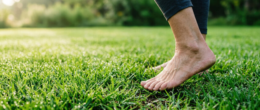 Senior wellness through barefoot walking on fresh green grass outdoors