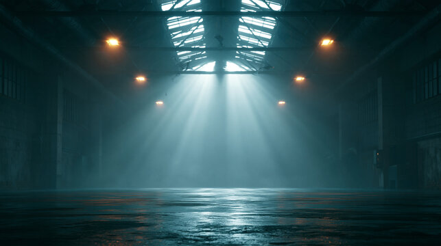 Empty dark industrial warehouse with bright light rays from ceiling, misty blue atmosphere.