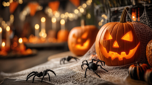 Glowing jack olantern pumpkins with spider webs and lights for halloween night party