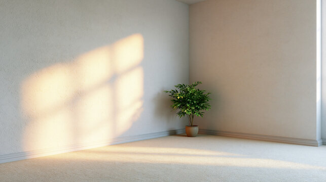 Empty corner room with white walls, beige carpet, and a small potted plant on a sunny day with natural light and shadow.