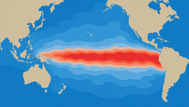Sea surface temperature map of the Pacific Ocean showing a band of extreme warm water spreading along the equator towards South America