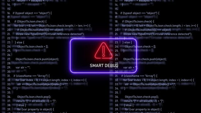 Advanced smart debugging interface featuring glowing neon warning overlaid on complex software source code background, for high-tech cybersecurity, programming, and digital, development projects