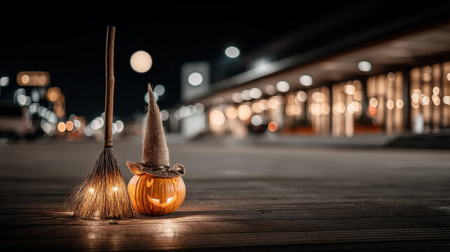 Glowing jack olantern pumpkin and witch broom outdoors at night with bokeh lights