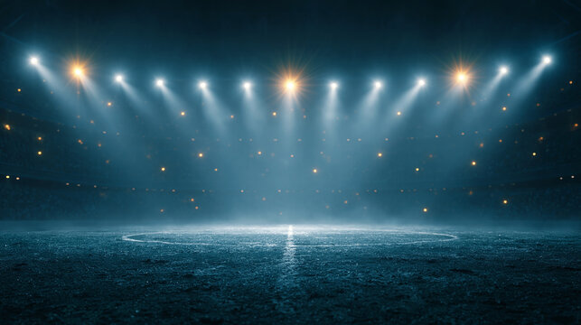 Empty stadium with numerous glowing yellow spotlights, professional soccer arena with bright lights, night game field, dark background.