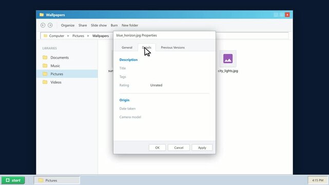 Computer file property dialog box with cursor navigation. 4K Video