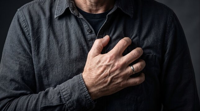 Close up of elderly man suffering from chest pain heart attack stock photo