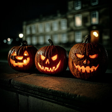 Spooky carved halloween jack o lanterns glowing brightly on a stone wall at night