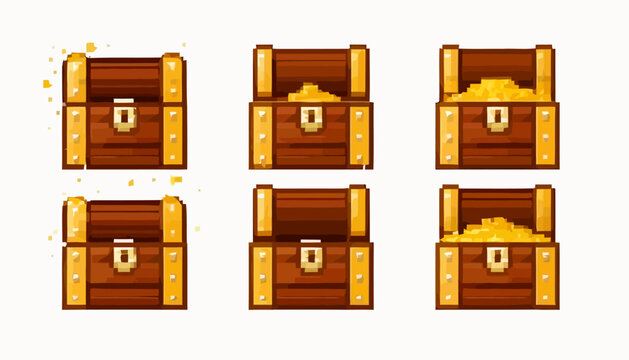 Pixel Art Treasure Chest Set with Gold Coins for Video Game UI Design