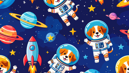 Naklejka premium Seamless Pattern with Cute Cartoon Astronaut Puppies in Outer Space with Rockets and Planets