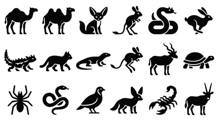 Obraz premium Collection of diverse desert animal silhouette icons depicting exotic wildlife species in a minimalist black vector style set