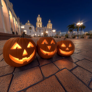 Carved halloween pumpkins with glowing faces on a cobblestone plaza at night, jack o lantern