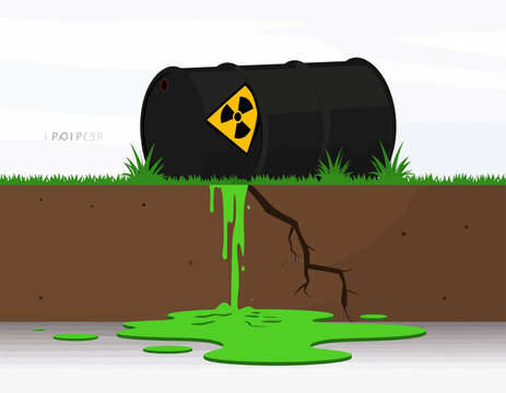 Pixel Art Illustration of Radioactive Toxic Waste Leaking from a Metal Barrel into the Soil
