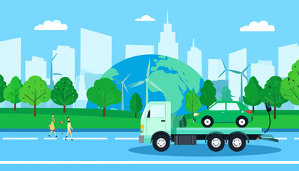 Fototapeta premium Flat Vector Illustration of an Electric Car Being Transported by a Tow Truck with a Sustainable City and Green Environment Background