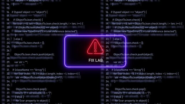 Dynamic neon fix lab warning overlaid on scrolling javascript programming code background, for software development, debugging, cybersecurity, and, high-tech digital technology, concept presentations