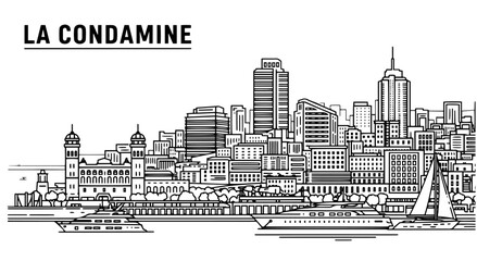 Naklejka premium La Condamine Cityscape Black and White Vector Illustration