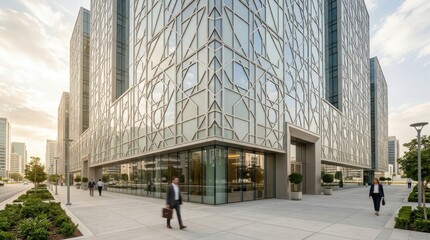 Fototapeta premium Business professionals walk along the pedestrian walkway beside a massive commercial skyscraper featuring intricate geometric glass facades under a bright afternoon sun shining across the city