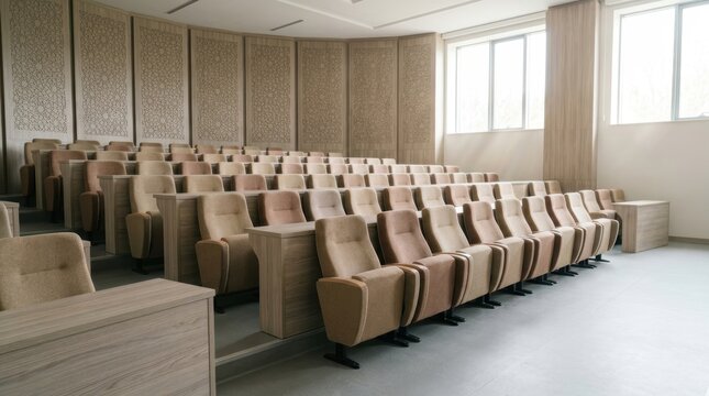 A wide empty university lecture hall featuring rows of comfortable beige padded seating arranged in tiered tiers beneath bright daylight streaming through large windows illuminating the space