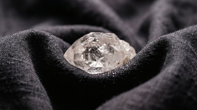 Natural raw diamond crystal nestled inside elegant dark woven fabric cloth fold.