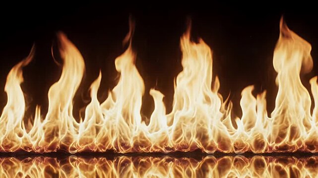 Real Fire Flames Burning in a Row Isolated on Black Background