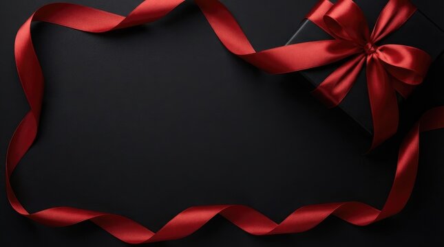Black gift box with a beautiful red silk ribbon bow, framed by a flowing red ribbon on a dark background black friday
