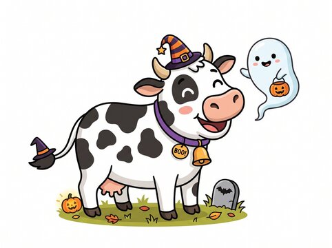 Cute funny cow with a small ghost, Halloween farm animal cartoon character with black spots, simple spooky design , vector isolated on white