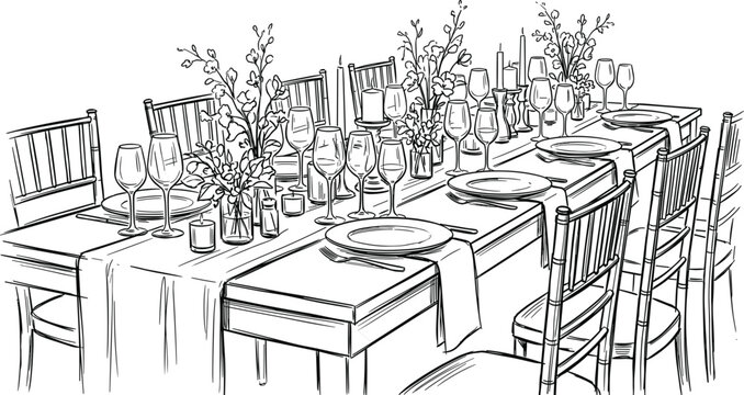 Elegant wedding banquet dining table setting with floral centerpieces glassware plates and candles vector illustration isolated (16 words)