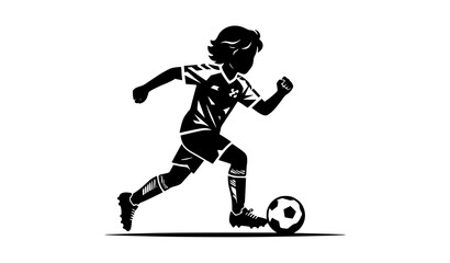 Fototapeta premium Little Boy Dribbling Soccer Ball Black Silhouette Flat Vector Design