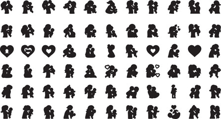 Naklejka premium Collection of silhouette icons depicting couples in romantic embraces and poses with couple goals couple pose silhouette illustration collection relationship together intimacy