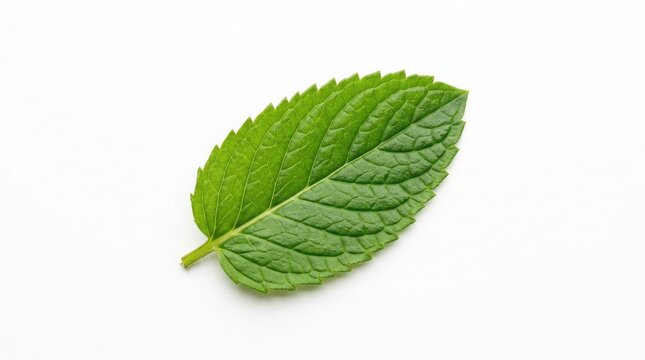 Single green culinary mint leaf showing texture with isolated ingredient culinary aromatic botanical spearmint peppermint seasoning vegetarian fragrant refreshing background herbaceous