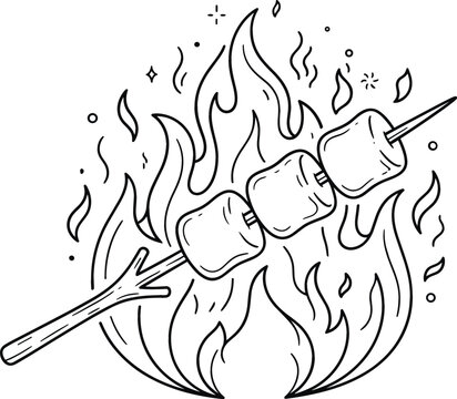 Roasting marshmallows on stick over campfire bonfire flame isolated outline vector icon for camping and outdoor adventure