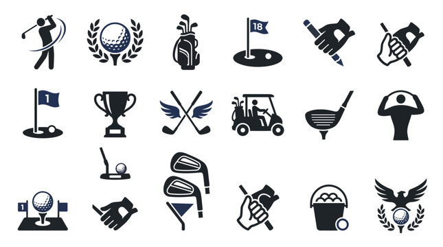 Professional golf vector icon set featuring athletic club equipment, championship trophies, flags, carts and sports gear for creative digital projects