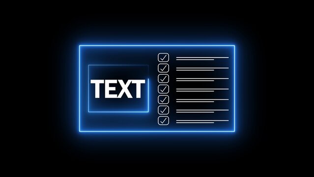 A digital interface concept with a glowing blue neon border around a rectangular screen displaying the word "TEXT" and a checklist with multiple empty check boxes on a black background
