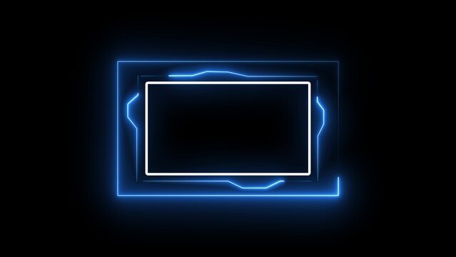 A futuristic blue neon rectangular frame with inner white rectangular border and abstract geometric accents on the sides, all glowing against a deep black void, suggesting technology, gaming, or